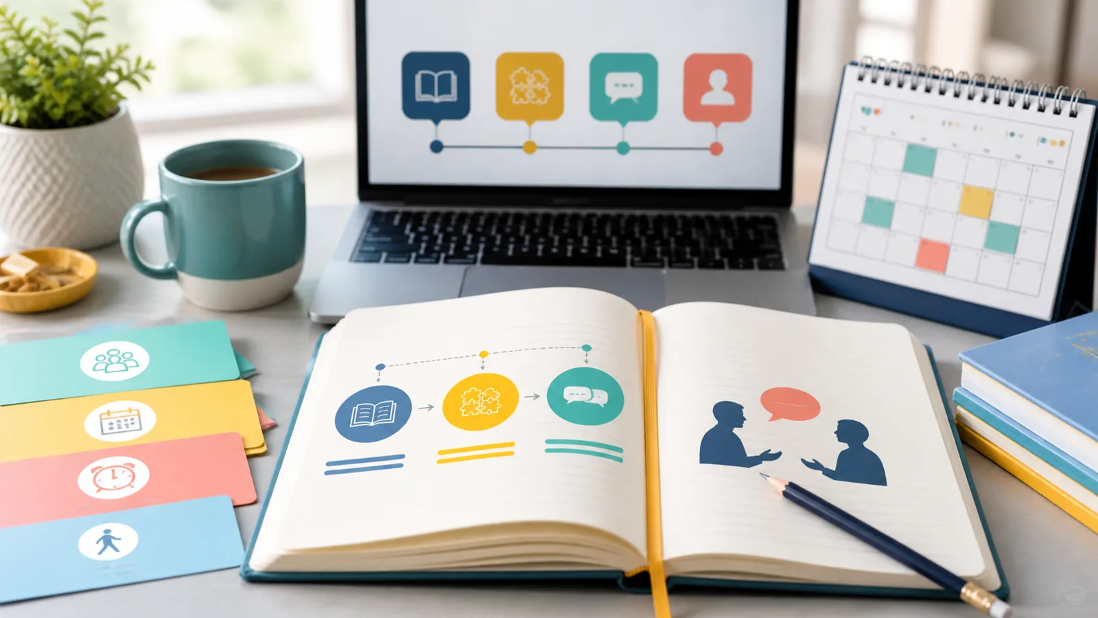 Cuaderno de rutina de inglés con laptop y materiales de estudio