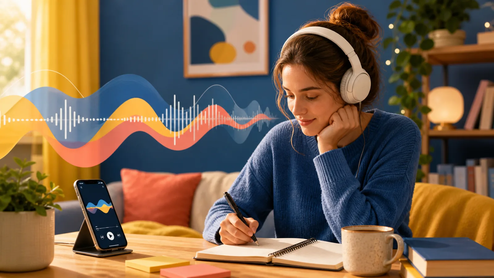 Estudiante practicando listening con audífonos