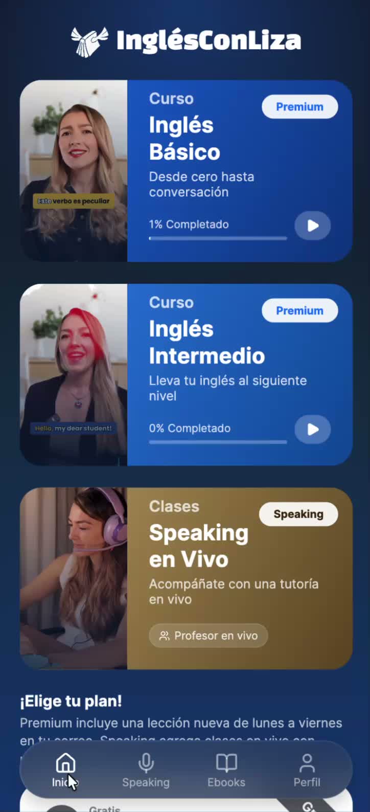 Vista móvil de una plataforma de inglés con lecciones y práctica guiada